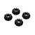 Four small black plastic bevel gears for an RC car differential arranged on a white background.
