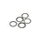 Five small, circular stainless steel shims arranged on a plain white background.