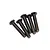 Five black metal button head screws arranged in a row against a white background.