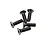 A group of five black metal countersunk head screws with hex drive sockets, isolated on a white background.
