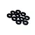 A collection of ten small, black circular shims or washers arranged on a plain white background.
