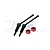 A pair of black carbon steel RC rear driveshafts with red aluminium wheel hexes and small washers against a white background.