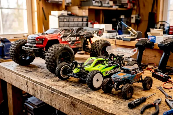 Three different sized RC cars sitting on a wooden workbench, illustrating the difference in scale between models.