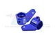 Two blue anodized aluminium front steering hubs for RC cars by GPM Racing, featuring the GPM logo and threaded mounting points.