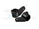 Two black anodized aluminium front steering hubs for RC cars by GPM Racing, shown against a white background with a faint watermark.