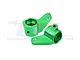 Two green anodized aluminium front steering hubs for RC cars by GPM Racing, shown against a white background with a faint watermark.