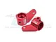 Two red anodized aluminium front steering hubs for RC cars by GPM Racing, shown against a white background.