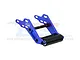 A blue anodized aluminium adjustable wheelie bar for RC cars by GPM Racing, featuring a black rubber roller and metal hardware.