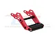 A red GPM Racing adjustable aluminium wheelie bar for RC cars, featuring a black roller wheel and metal mounting brackets.