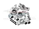 A set of silver GPM Racing aluminium front steering hubs and rear hubs with pre-installed bearings, screws, and small black plastic spacers.