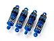 Four blue and black RC shock absorbers arranged in a row against a white background.