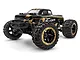 BlackZon Slyder MT 1/16 scale RC monster truck in black and gold livery, viewed from a front three-quarter angle.