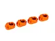 Four orange anodized aluminium suspension pin retainers for Traxxas RC vehicles arranged in a row on a white background.