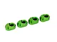 Four green anodized aluminium suspension pin retainers for Traxxas RC vehicles arranged in a row.