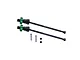 Two black metal CVD driveshafts with green aluminium wheel hexes, two metal pins, and two small grub screws on a white background.