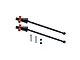 Two GPM Racing CVD driveshafts with orange aluminium wheel hexes, two metal pins, and two small grub screws on a white background.