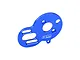 A blue anodized aluminium motor plate for RC cars by GPM Racing, featuring multiple mounting holes and slots.