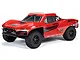 A red ARRMA Fury Mega 550 1/10 scale 2WD RC short course truck viewed from a three-quarter angle against a white background.
