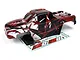 A pre-painted red, black, and white RC truck body shell for the Maverick Quantum2 MT, shown with an included decal sheet.