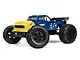 ARRMA Notorious 6S V6 BLX RC stunt truck in blue and yellow, featuring large off-road tires and a classic truck body style.