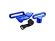 GPM Racing blue anodized aluminium battery mount set with a black hook-and-loop strap on a white background.