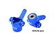 Two blue anodized aluminium steering hubs for RC cars by GPM Racing, featuring pre-installed bearings and 7075-T6 aluminium construction.