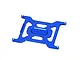 A blue anodized aluminium battery holder plate by GPM Racing, featuring a cutout design and four threaded mounting points.