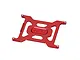 A red anodized aluminium GPM battery holder plate for RC vehicles, featuring a central GPM logo and four mounting points.