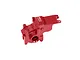 A red anodized aluminium gearbox case for RC cars by GPM Racing, featuring a machined finish and the GPM logo.
