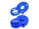A blue anodized aluminium motor mount and gear cover set from GPM Racing, shown against a white background.