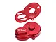 A red anodized aluminium motor mount and gear cover set by GPM Racing for RC vehicles, shown against a white background.