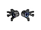 A pair of black GPM Racing aluminium front steering hubs with blue-sealed oversized bearings, marked L and R for left and right side installation.