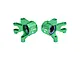 A pair of green anodized aluminium RC front steering hubs by GPM Racing, featuring pre-installed bearings and marked with L and R for orientation.