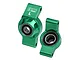 Two green anodized aluminium RC rear hubs from GPM Racing, featuring pre-installed ball bearings and marked with L and R indicators.
