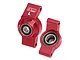 Two red anodized aluminium rear hubs for RC cars by GPM Racing, featuring pre-installed ball bearings and marked with L and R for orientation.