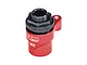 A red anodized aluminium GPM Racing 25T servo horn with an integrated black plastic servo saver mechanism against a white background.