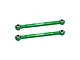 Two green anodized aluminium GPM Racing steering linkage rods with silver metal pivot balls at each end, isolated on a white background.