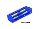 A blue anodized aluminium RC boat intake grate by GPM Racing, featuring a pointed front and multiple mounting holes.
