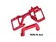 GPM Racing red anodized aluminium servo mount set for RC cars, featuring a main chassis brace and a separate bridge mount.