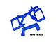GPM Racing blue anodized aluminium servo mount set for RC vehicles, featuring a main bracket and a separate support brace.