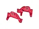 Two red anodized aluminium front shock towers for an RC car, marked with L and R for left and right sides.