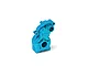 A sky blue anodized aluminium transmission housing part for an RC car, featuring GPM and 7075 branding engraved on the surface.