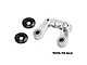 GPM Racing silver aluminium steering bellcrank assembly with two black washers on a white background.