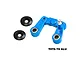 GPM Racing sky blue aluminium steering bellcrank assembly with bearings and two black washers on a white background.