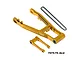 Gold anodized aluminium swing arm, pull rod, and drive chain for an RC motorcycle by GPM Racing.