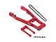 Red anodized aluminium swing arm, pull rod, and drive chain for an RC motorcycle by GPM Racing.