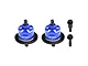 Two blue GPM Racing aluminium differential housings with black ring gears and two separate black pinion gears on a white background.