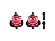 Two red anodized aluminium RC differential housings with black ring gears and two separate black pinion gears on a white background.
