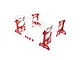 Yeah Racing 1/10 scale aluminium setup system in red, featuring four adjustable stands and a clear acrylic top plate on a white background.