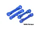 Four blue anodized aluminium suspension mounts from GPM Racing, labeled RF, RR, FF, and FR, isolated on a white background.